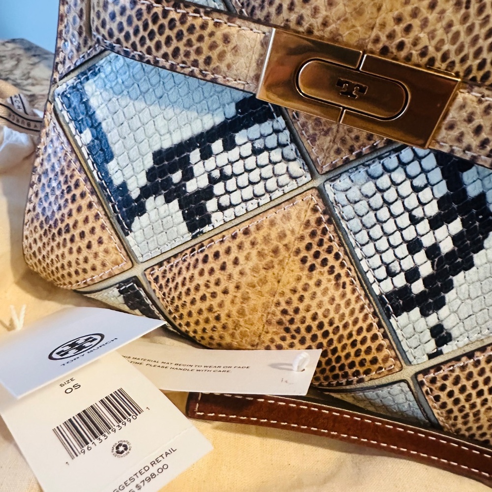 Tory Burch Green and Brown Satchel with Patchwork Design - Picture 5 of 10
